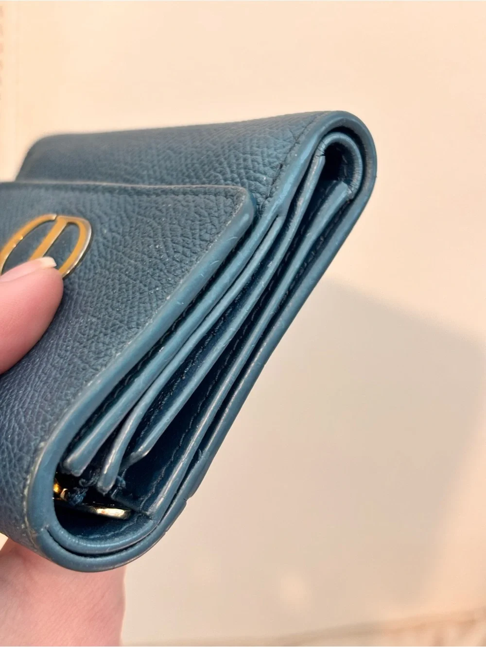 Christian Dior 30 Montaigne Lotus Teal Pebbled Leather Compact Wallet W/ COA